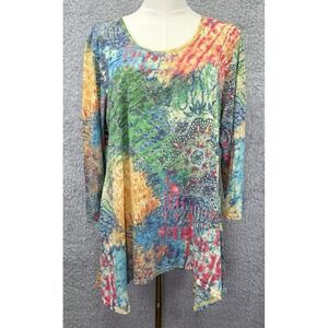 Barbara Katz Top Womens L Multicolor Artsy Tunic Top V Neck Asymmetrical Lagen